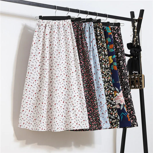 2021 Vintage Floral Print Chiffon A-Link Skirt Elastic High Waist Casual Midi Skirt Clothes Jupe Plus Size Summer Skirts Womens