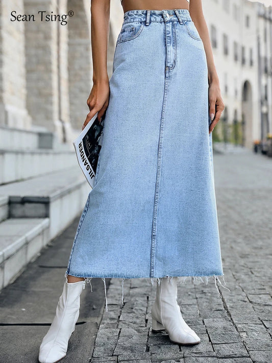 Sean Tsing? Fashion High Waist Denim Skirts Women Solid Blue Washed Cowboys Midi Skirt Casual Jupes Vintage Faldas